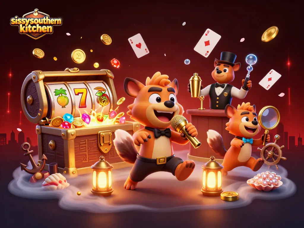 Sissy's Southern Kitchen casino scene with hyenas, slot reels, and vibrant elements.