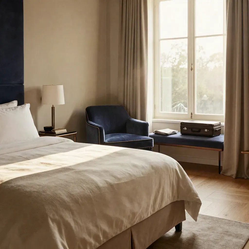 Habitación doble amplia con cama king, butaca, maleta y luz natural en Córdoba Hotel