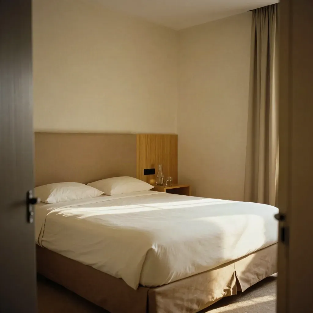 Habitación estándar elegante con cama individual hecha, mesita con jarra y cortina de lino.