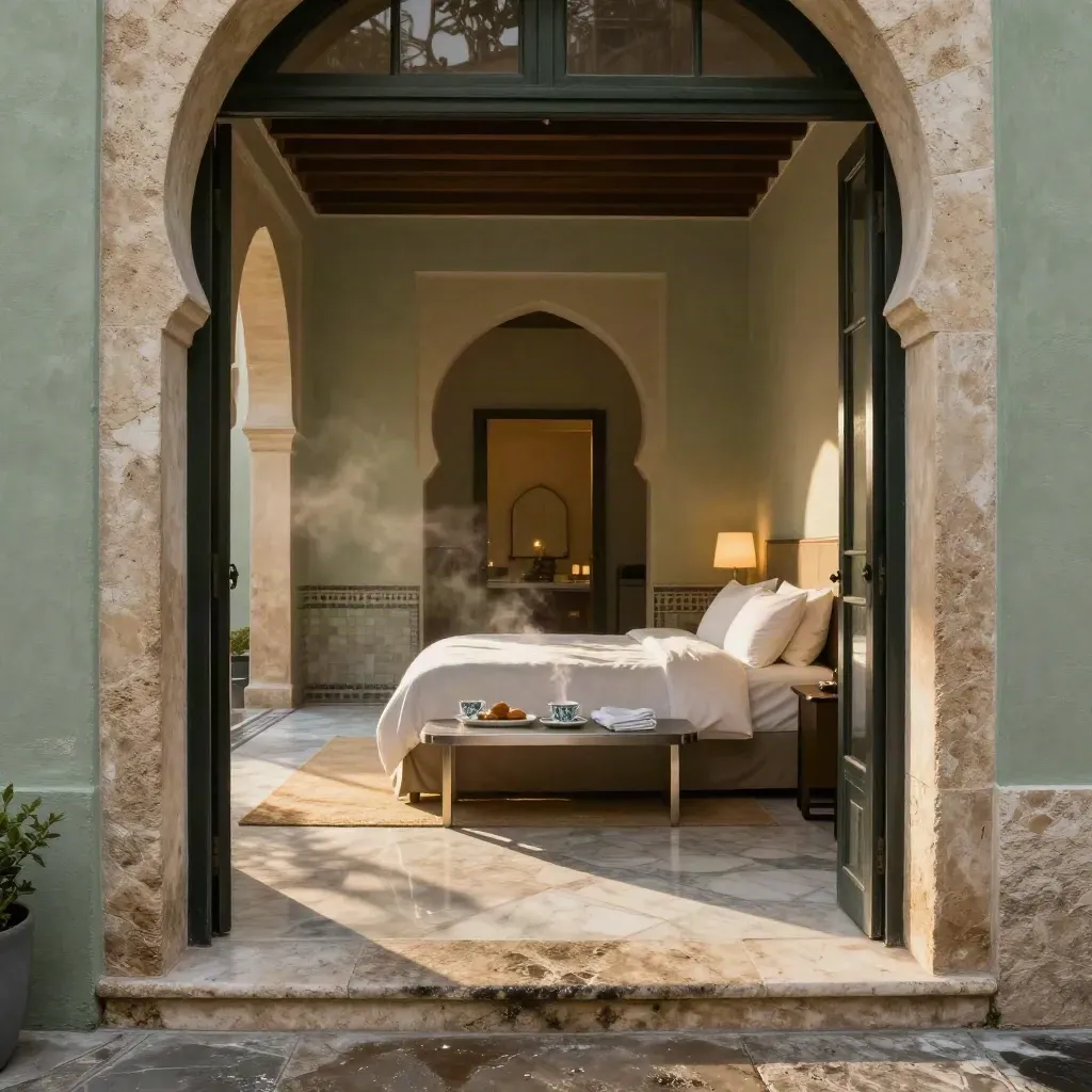 Entrada de piedra y patio interior de hotel con cama, desayuno y acceso al parking