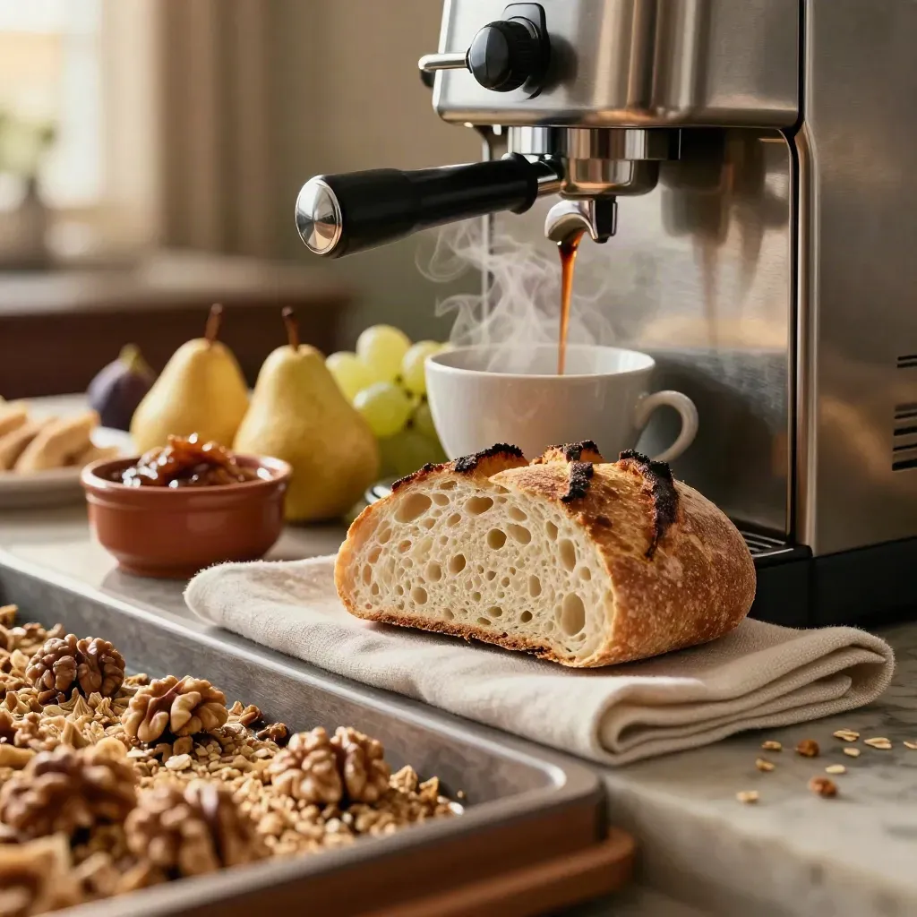 Buffet de desayuno con café humeante, pan recién cortado, fruta y cuencos cerámicos.