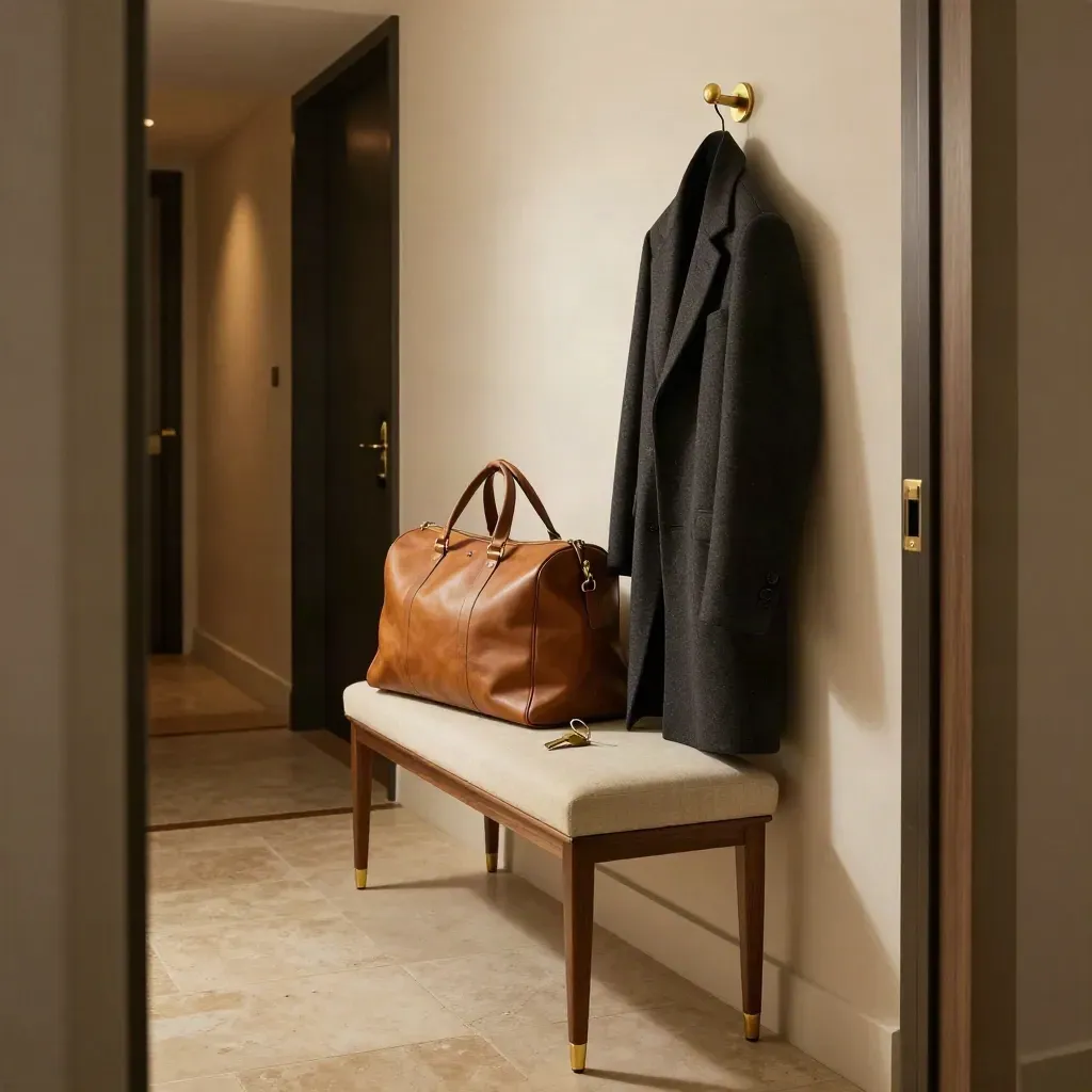 Entrada compacta de hotel con bolsa de fin de semana, llave y abrigo colgado junto a un banco estrecho.