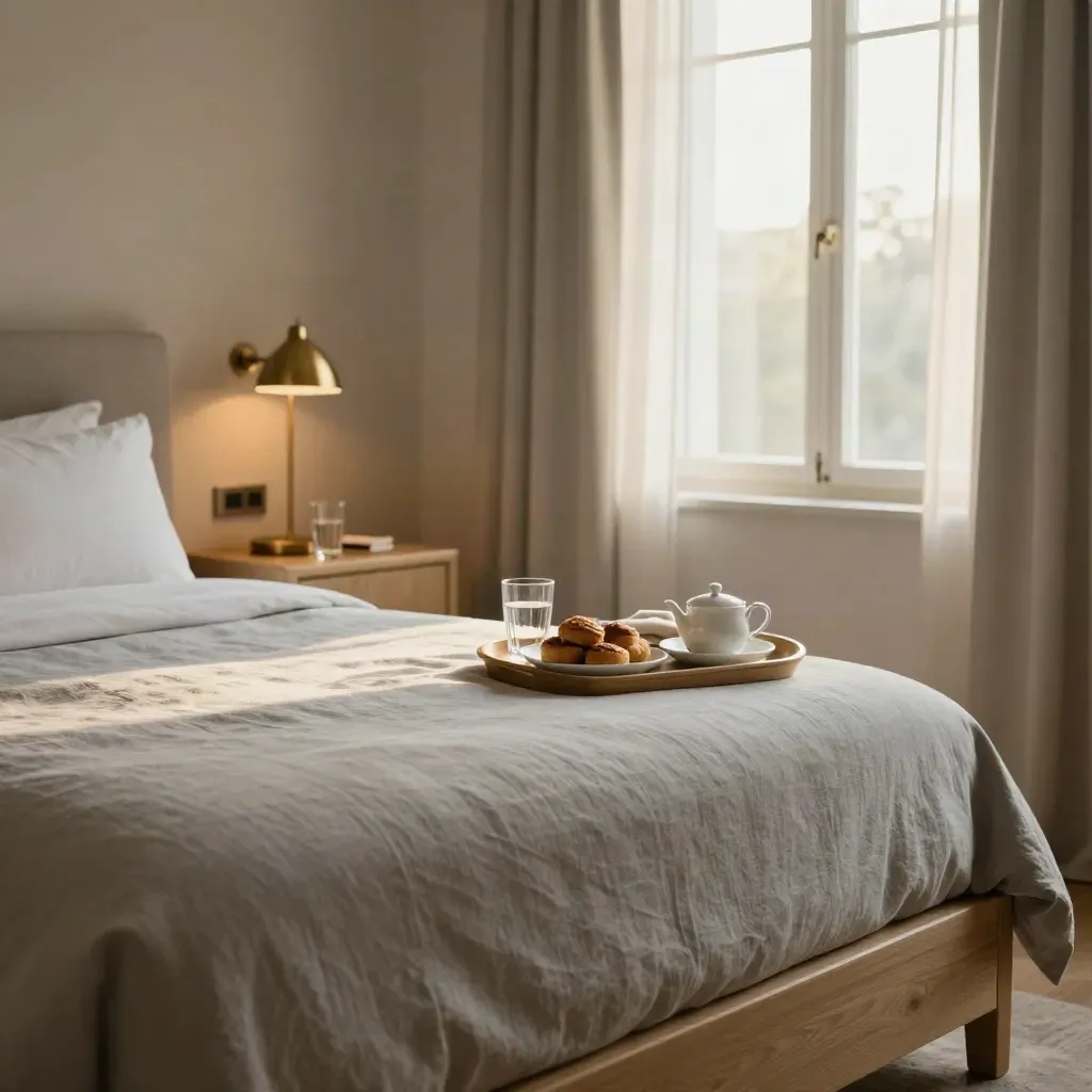 Habitación doble con desayuno servido, dos vasos de agua y cortinas abiertas con luz suave.