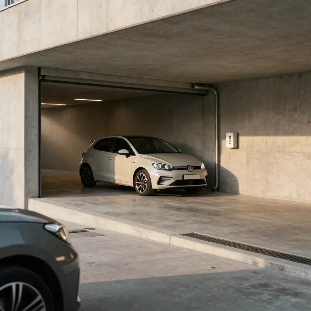 Coche compacto aparcado en un garaje subterráneo junto a una unidad Wi‑Fi luminosa.