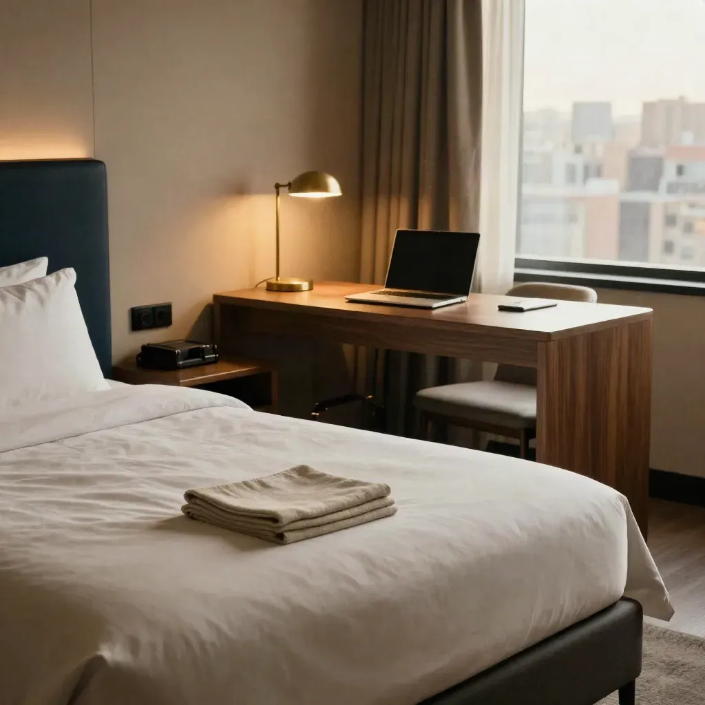 Habitación de hotel lista para llegada tardía, con escritorio, maleta y cama hecha.