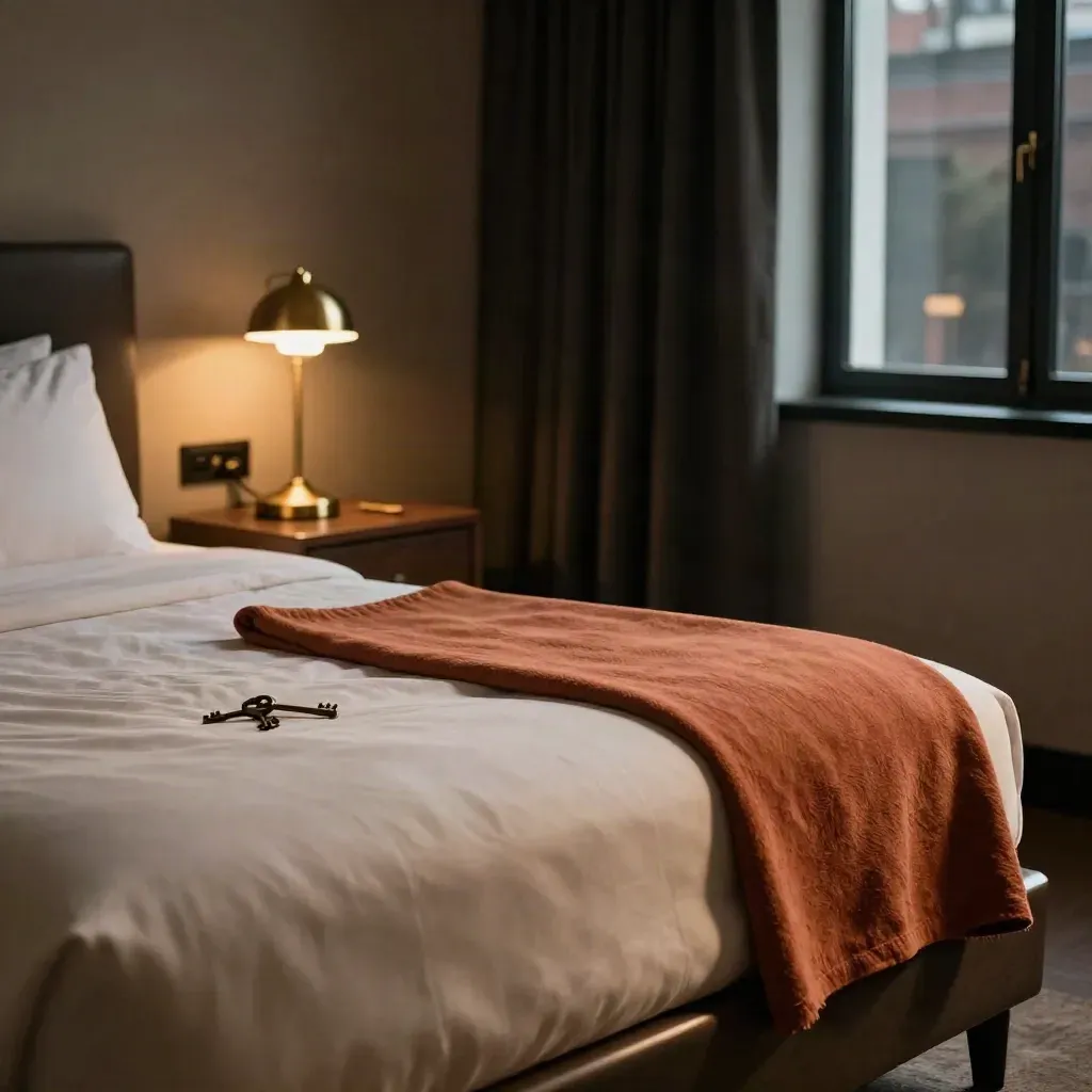 Habitación individual de hotel con lámpara encendida, llave en la mesita y cortinas cerradas.