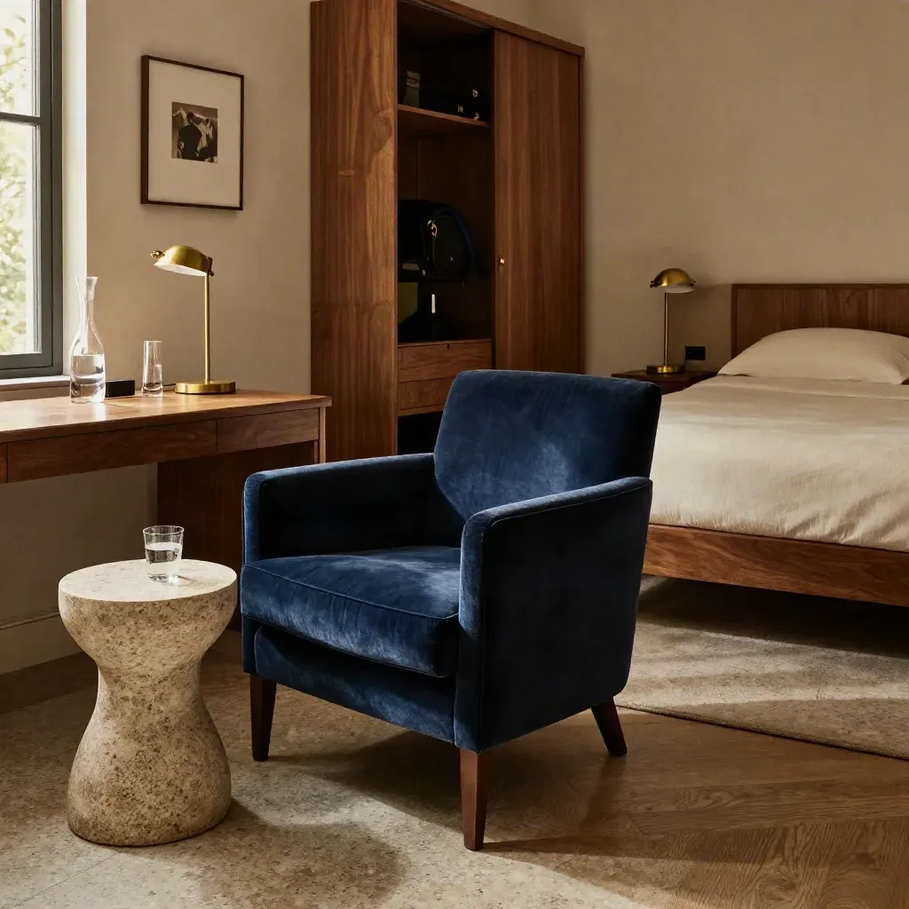 Suite elegante vacía con salón y dormitorio en profundidad, agua servida y luz de mañana.