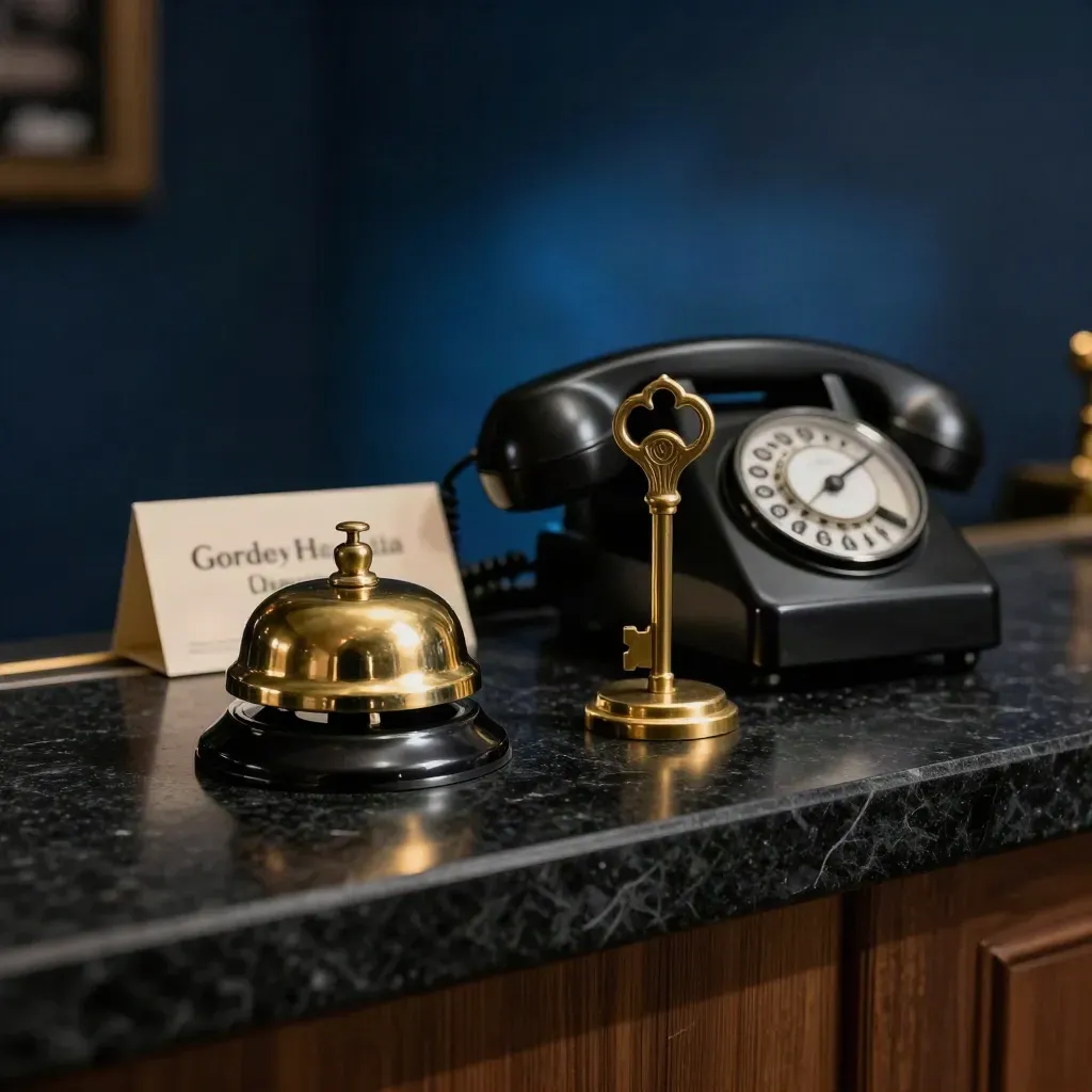 Campana de recepción, reloj y teléfono vintage sobre mostrador de piedra negra, en luz dramática.
