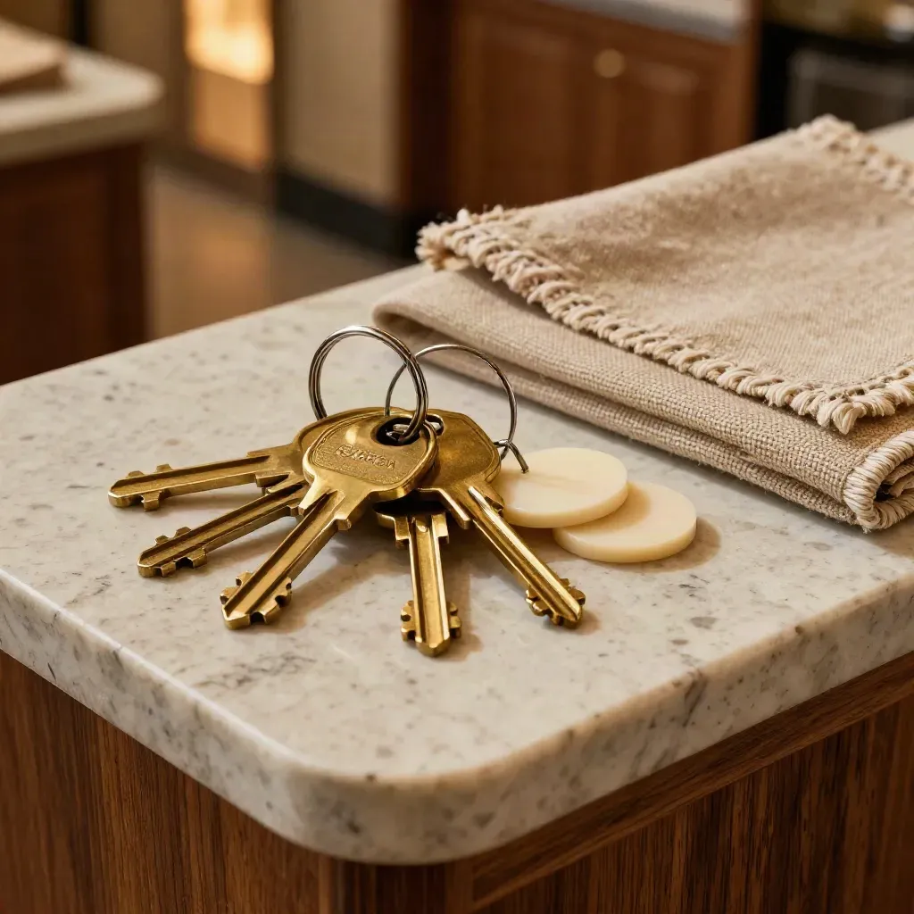 Macro de llaveros de latón, fichas de habitaciones y tejido de tapicería sobre travertino.