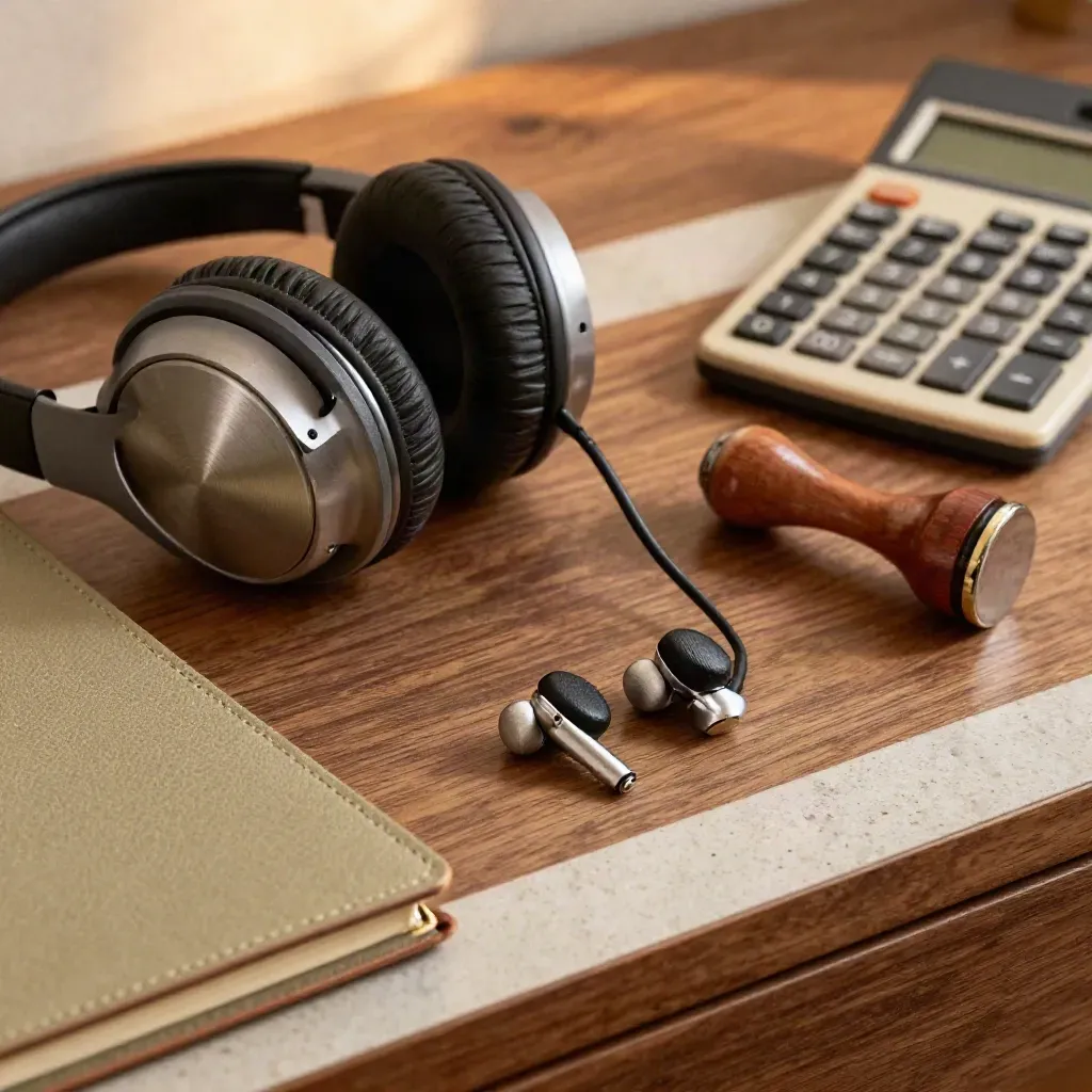Auricular, sello, calculadora, agenda cerrada y lápiz sobre mostrador hotelero.