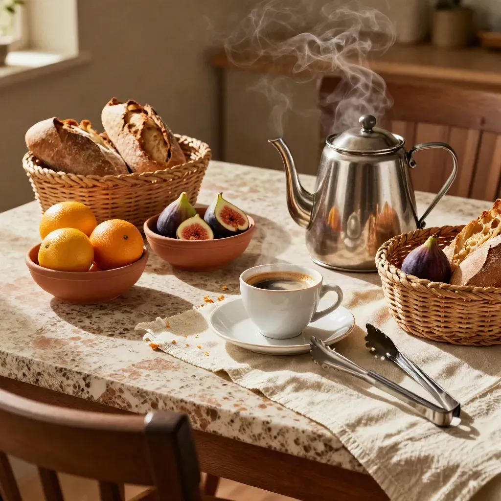 Tetera, panes, fruta y café en desayuno elegante con vapor sobre mesa cálida.