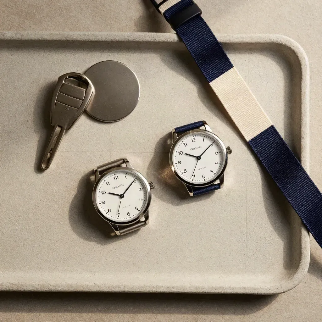 Relojes de viaje, llave de maleta y cinta textil sobre bandeja neutra, vista cenital.