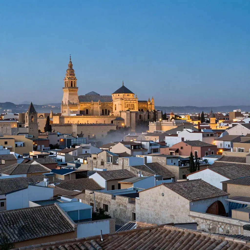 Vista azul de Córdoba con la Mezquita-Catedral y tejados al atardecer.