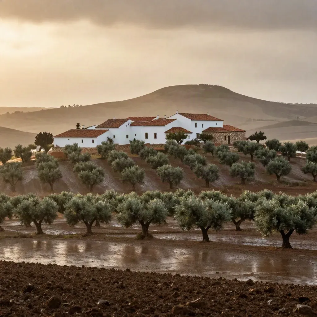 Olivares y caserío blanco en la Campiña Sur tras la lluvia al atardecer