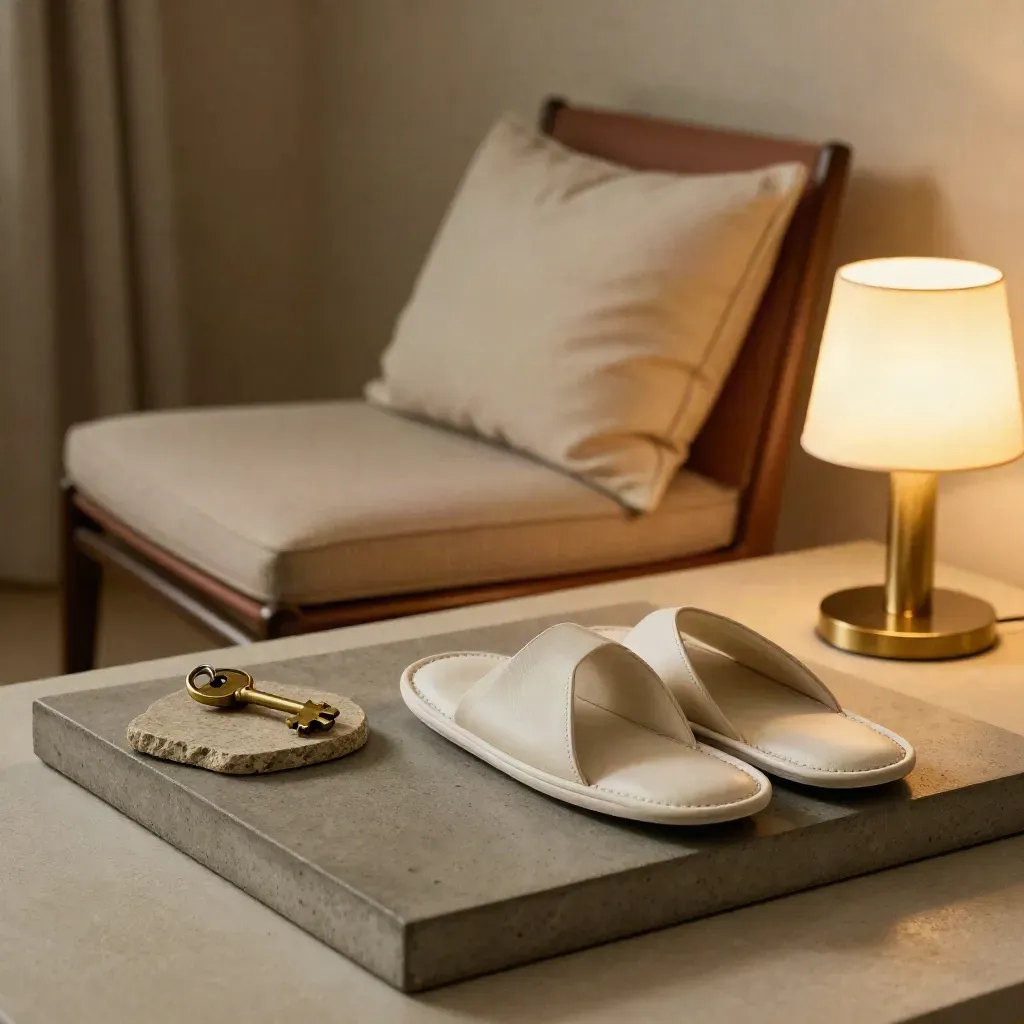Llave, zapatillas y lámpara junto a una silla vacía en una entrada de hotel.