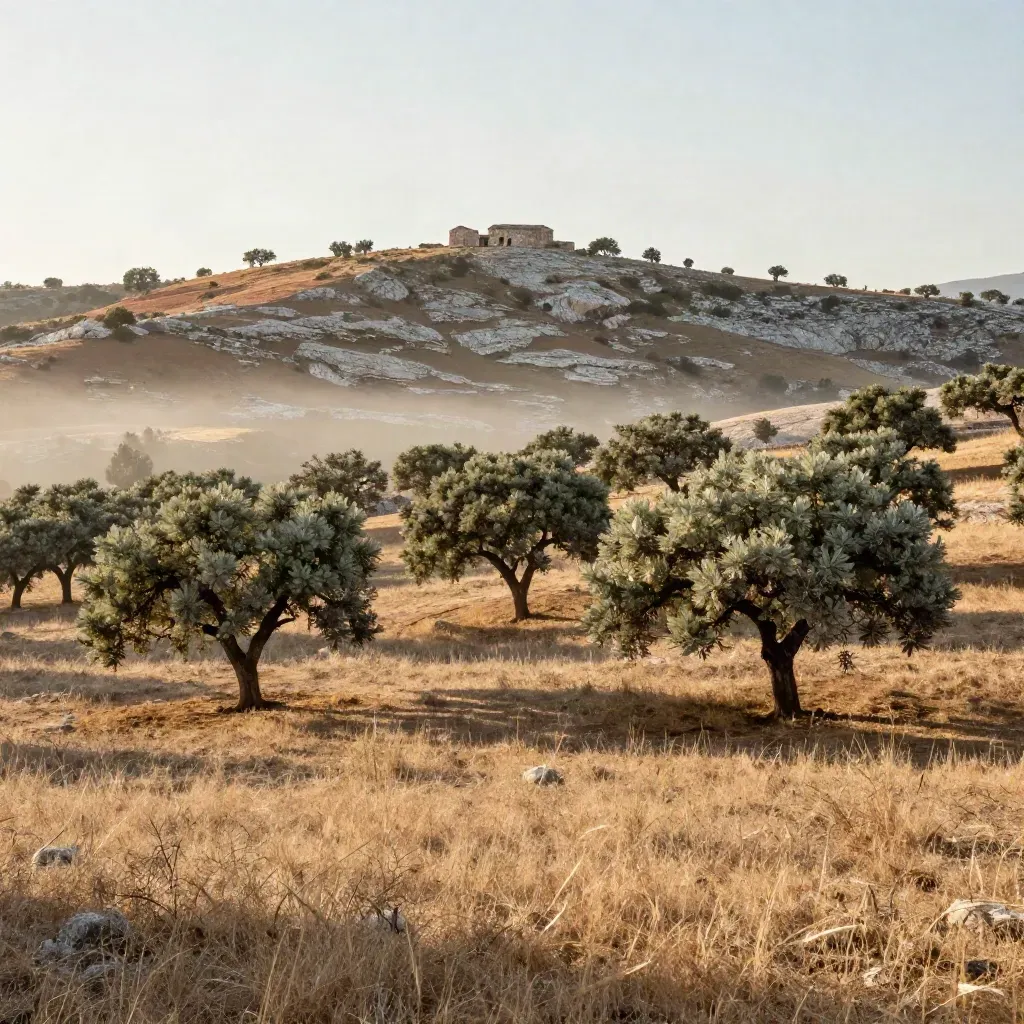 Dehesa serrana con encinas, niebla baja y una finca de piedra lejana.