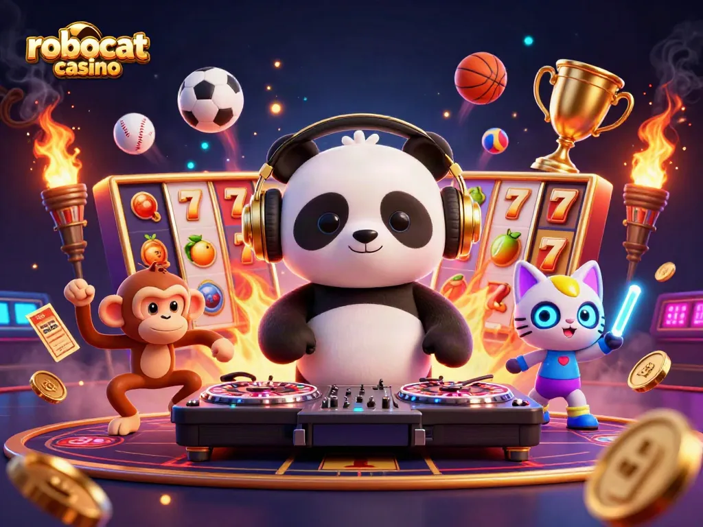 Experience the electrifying atmosphere of Robocat Casino with a lively DJ panda and animated characters.