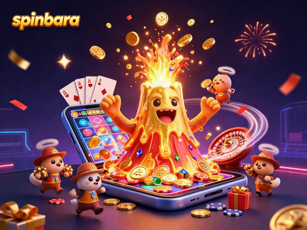 Spinbara's thrilling gaming scene with a golden volcano erupting coins and tiny explorers seizing treasures.
