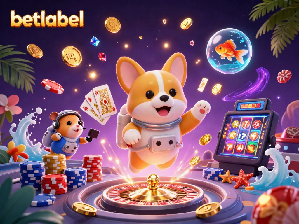 Betlabel casino features a playful cartoon scene with an astronaut corgi in a floating casino.