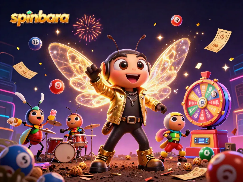 Spinbara casino scene with a cicada rock star, colorful lottery balls, and festive elements
