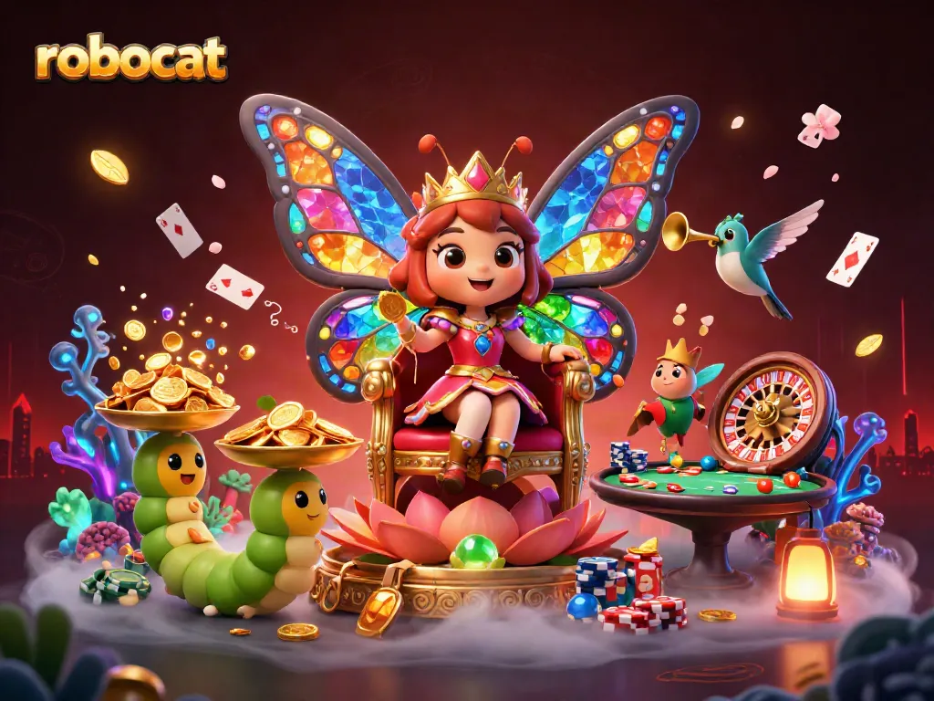 Experience robocat casino excitement with a vibrant 3D illustration showcasing games and characters.